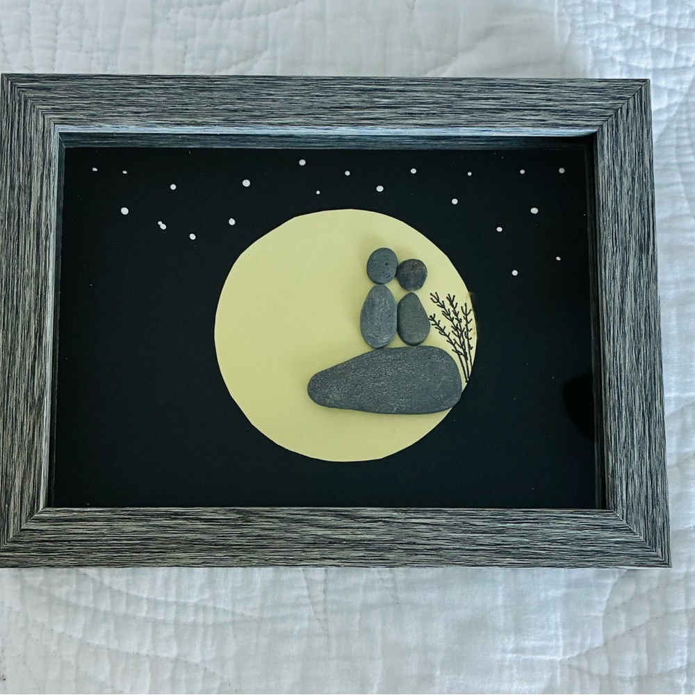 Framed Pebble Art with Moon Design
